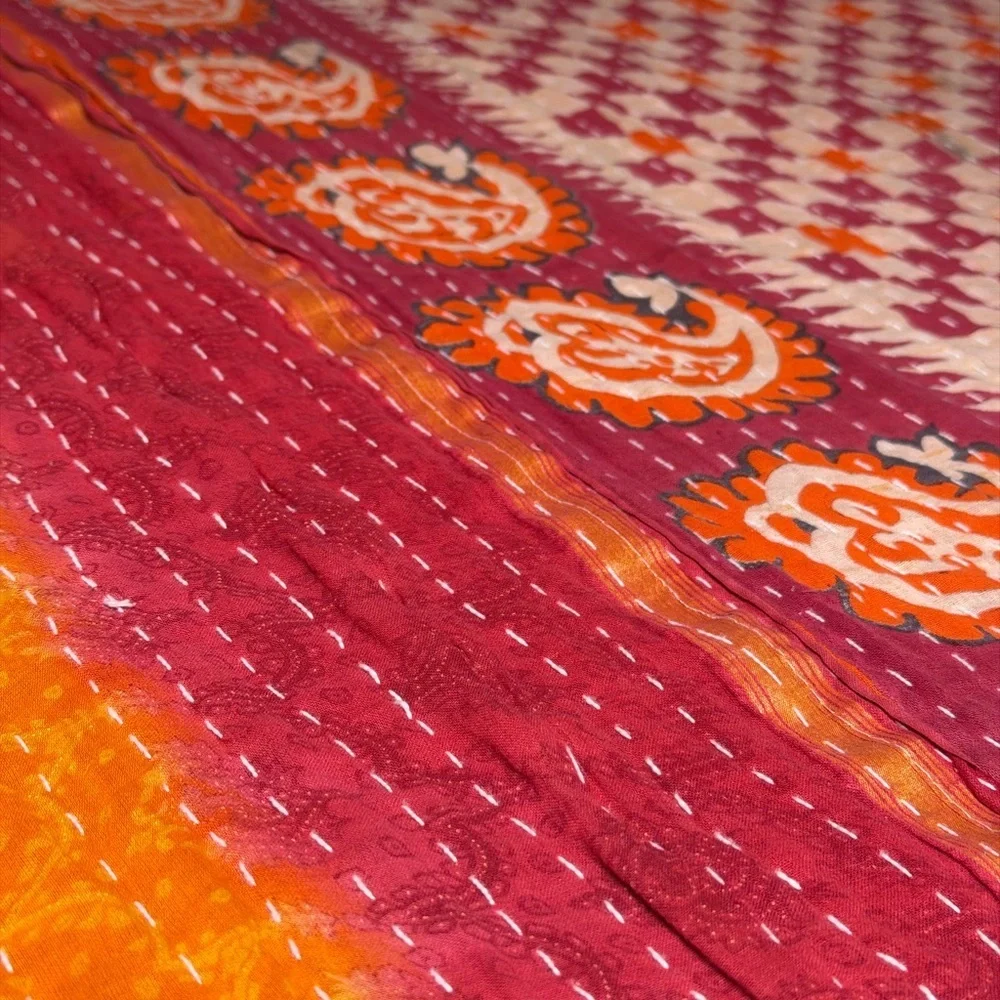 Vintage Kantha Quilt Twin Hand Stitched Sari Patchwork Boho Textile 52” x 80”